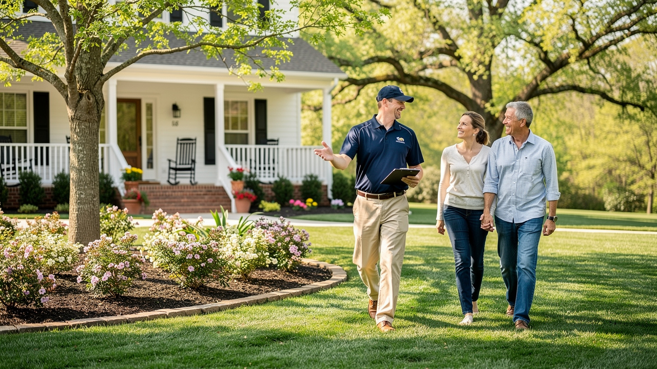 Lawn care professional consulting homeowners about spring yard plan