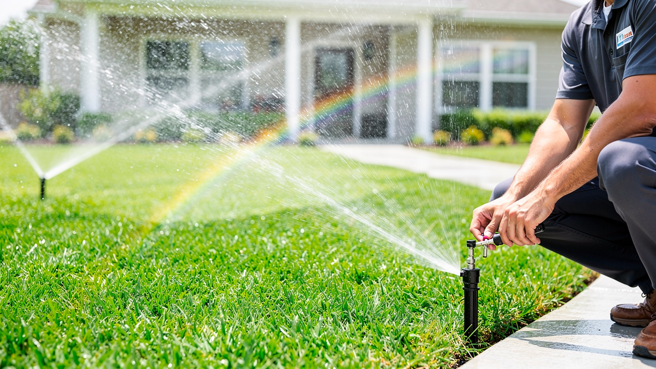 Irrigation technician adjusting sprinkler head on spring lawn