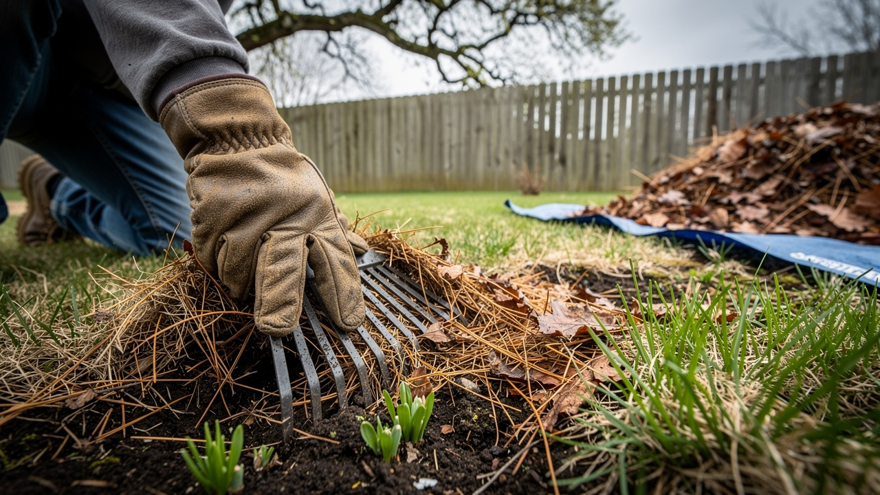 Homeowner raking leaves and debris during spring yard cleanup