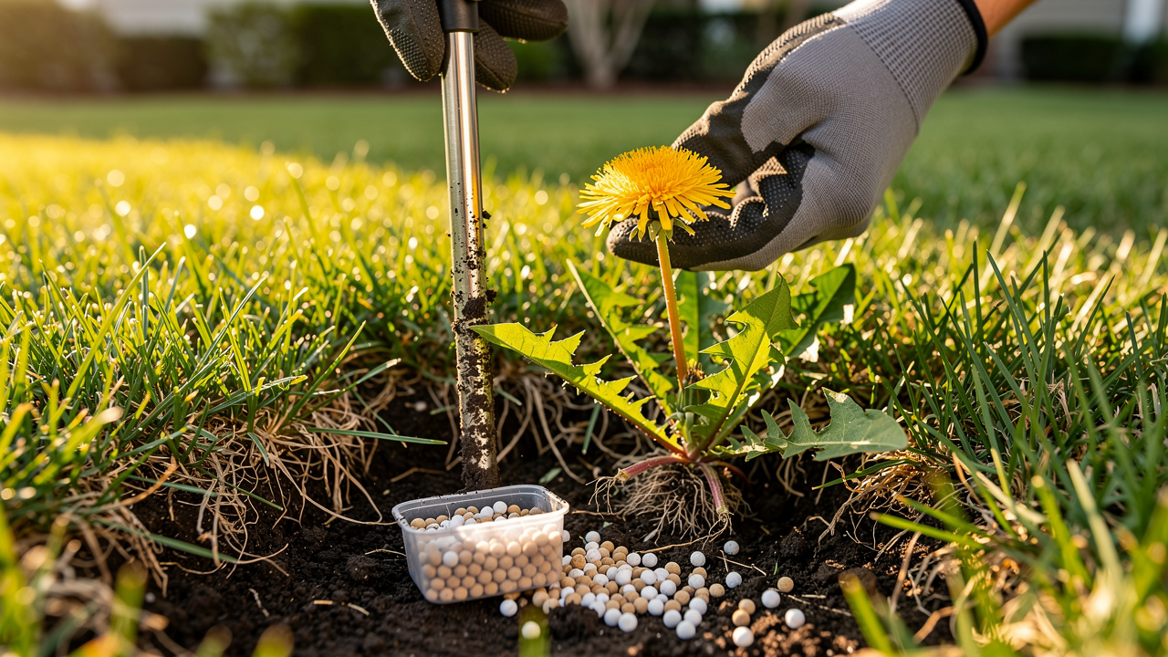 Lawn technician testing soil and applying spring fertilizer